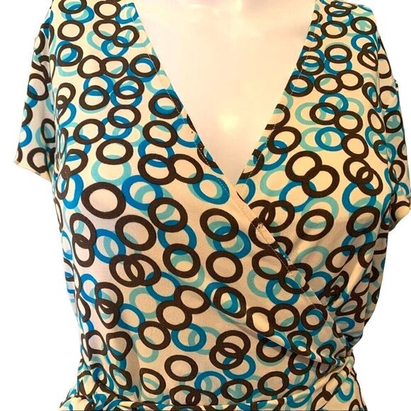 Banana Republic Women's Size Medium Midi Wrap Dress Blue Brown Geometric Print - Picture 2 of 5